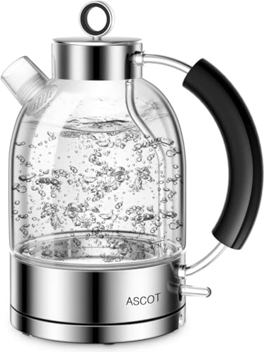 ASCOT Electric Kettle, Glass Electric Tea Kettle, Gift for Man/Women/Family, 1.5L Borosilicate Glass Tea Heater & Hot Water Boiler, Auto Shut-Off Boil-Dry Protection (Silver)