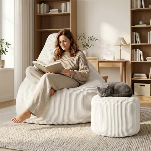 Skokliz Sitzsack mit Hocker Cord Beige - Bean Bag Lesesessel inkl. Füllung, Lounge Sessel für Wohnzimmer, Schlafzimmer & Gaming, 88x128x85 cm