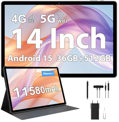 RUSHAR Tablet 14 Zoll Android 15 mit 36GB RAM+512GB ROM (1TB TF), 4G LTE+5G WiFi, 11580mAh|2240 * 1400 HD|Octa-Core|13MP+8MP|Face ID|BT 5.0|3.5mm Jack, Tablet mit Hülle+Stift, Silber