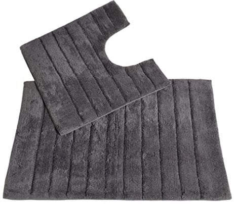 Allure Ribbed Design 2 Piece Bath and Pedestal Toilet Mat Set, 100% Cotton (Charcoal Grey)