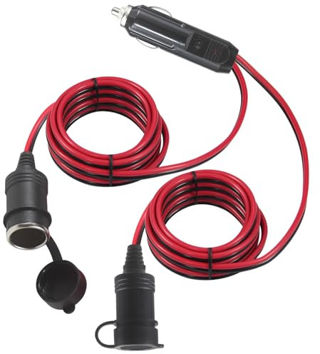 KUNCAN 4FT 12V Car Cigarette Lighter Female Socket Y Splitter to Male Plug with Double Socket Outlet, Extension Charger Port Extension Cable, Fuse 15A