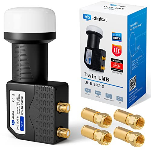 hb-digital Twin LNB (Test SEHR GUT) LNC Kopf 2 Teilnehmer Direkt LTE Protected Satelliten Digital Sat Full HD TV 3D 4K UHD Kontakte vergoldet Wetterschutz Schwarz Black + 4X F-Kompressionsstecker
