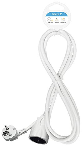 Garza - Cable alargador de corriente doméstico de 2 metros, blanco, con toma de tierra hasta 16 Amperios (3680W)
