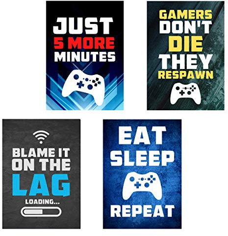 Boys Bedroom Video Gaming Theme Wall Art Print Inspirational Quotes, Funny Set of 4 Stylish Design Gaming Poster For Kids Boys Room (A4 (29.7cm x 21cm)) (Set 1, A4)