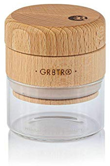 RYOT Wood GR8TR Kräuter und Gewürzmühle mit durchsichtigem oder mattschwarzem Behälterkörper und Deckel aus Buche oder Walnuss (Deckel aus Buche/Durchsichtiges Gefäß)