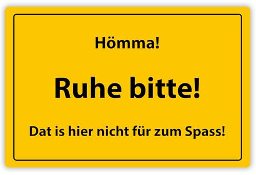 Lustiges Alu-Schild „Hömma Ruhe bitte, Dat is hier nicht für zum Spass“ - mit Aufhängesystem ca. 20x30,5 cm - Witziges Geschenk für die Werkstatt, Freunde oder Kollegen im Büro - Metallschild Deko