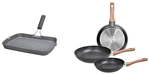 Tognana WI758BDAMNF Grill Rettangolare con Manico Pieghevole Mythos, Alluminio, Grigio, 1 & Set 3 padelle 20-24-28 cm, Alluminio, anche a Induzione, Nero