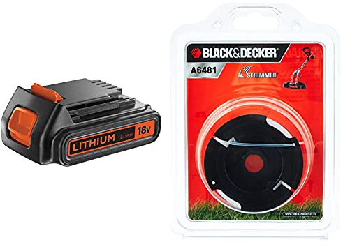 Black+Decker Li-Ion Slidepack Akku (18V 2,0Ah, passend für alle Black+Decker 18V-Gartengeräte) BL2018 & vollautomatische Einzelfadenspule (für Rasentrimmer 10 m Länge, 1,5 mm Fadendurchmesser) A6481