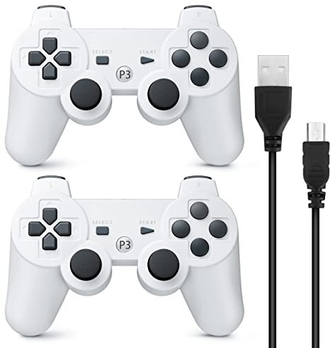 Powerextra Mando Inalámbrico para PS3, 2 Pack Wireless Bluetooth Six-Axis Playstation 3 Gamepad Joystick Controlador con Doble Vibración Recargable Controller con Cable para PS-3(Blanco)