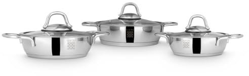 SERENK Batteria da cucina a induzione 6 pezzi | 3 pentole + 3 coperchi in vetro | Ø14 cm, Ø16 cm, Ø18 cm | Set di pentole in acciaio inox