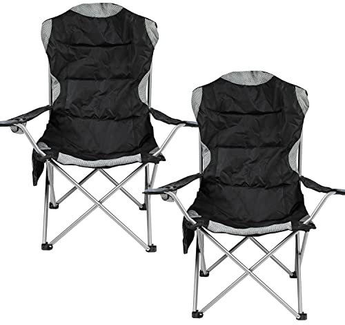Taylor & Brown Camping Chairs for Adults Heavy Duty Deluxe Folding Padded Chair Up to 120kg with High Back & Cup Holder & Side Pocket Fold Up Chair Stool for Garden Picnic Beach Directors (2 x Black)