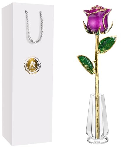AliveRose Gold Rosen, 24K Gold Rose aus echter Rose - Einzigartiges Design 24K getauchte Rose für Jahrestag Valentinstag Muttertag Geburtstag Geschenke (Lila Original Rose mit Kristallvase)