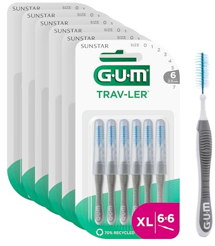 GUM TRAV-LER Interdentalbürsten | für gründliche Reinigung zwischen den Zähnen | flexibler Griff | Zahnreinigung und Plaque Entfernung | 2.0mm, ISO 6 | Größe XL | 6x6 Packung