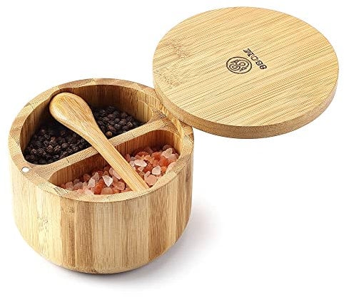 8SOM Bamboo Salt and Pepper Box with Swivel Lid and Embedded Spoon, Magnetic Closure Lid to Keep The dust Out, Storage Pepper Spice Herb Sea Salt, Dual 5 Oz Capacity