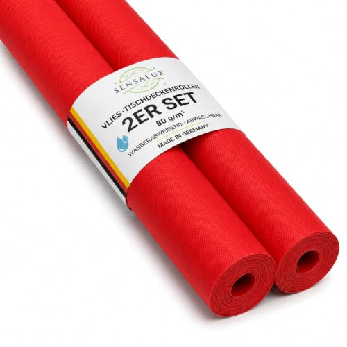 Sensalux Vlies Tischdeckenrolle 2er Set 1,10 x 25 m Rot, 80 g/m² | abwaschbar, wasserabweisend, stoffähnliche Tischdecke Rolle, OEKO-TEX, Party, Catering, Gastro