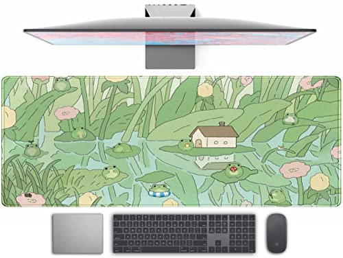 TENG DA QING Schreibtischunterlage mit niedlichen grünen Pflanzen, Anime, Frosch, XL, Kawaii, Japanisches großes PC-Gaming-Mauspad, Computer-Tastatur und Mauspad für Frauen, Büro, Gamer, Mädchen,