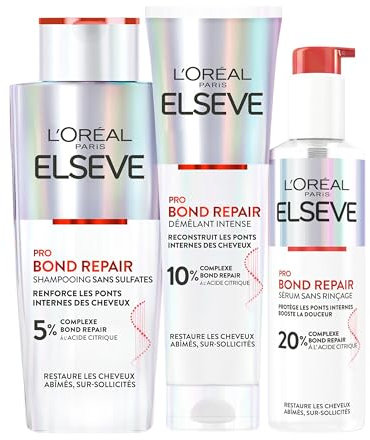 L'Oréal Paris - Routine Capillaire Protectrice pour Cheveux Abîmés & Sur-Sollicités - Shampooing + Démêlant + Sérum Sans Rinçage - Complexe à l'Acide Citrique - Elseve Pro Bond Repair - 3 Produits