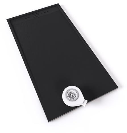 Moments of Glass SMC Duschwanne HIEMAL 90x170 cm Schwarz RAL7021 extra flache robuste Duschtasse aus langlebigem SMC, ANTI-Rutsch-Oberfläche in Schieferoptik inkl. Ablaufgarnitur