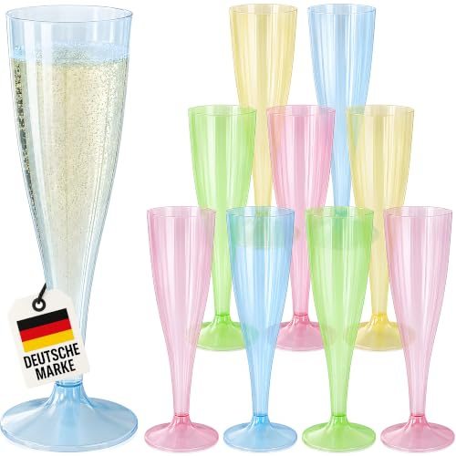 WELLGRO Bunte Sektgläser Kunststoff Mehrweg – 60 Stück – Champagner Gläser Plastik – 150 ml Partygläser für Hochzeit, Geburtstag, JGA