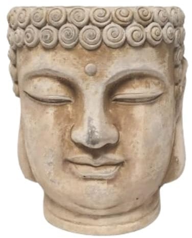Divas World - Buddha Head Plant Pot - Serene Decorative Indoor-Outdoor Planter - Ceramic Material - Garden Ornament Buddhist - Zen Garden Pots, Sandstone Finish - 18.6 x 15 x 14.6 (Medium)