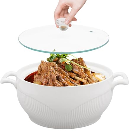 RABEEXP Ceramic Soup Tureen with Glass Lid 1.5L 0.4 Gal Porcelain Serving Tureen Soup for Restaurant Home Kitchen - White Porcelain - Ceramic Covered Tureens for Soup (1.5L, 0.4 Gallon)
