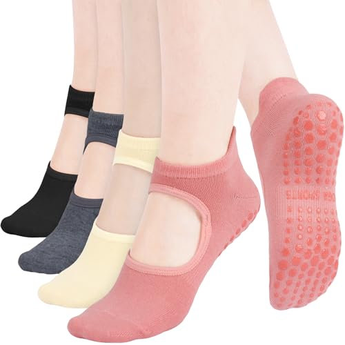 taonganui 4 Paar Yoga Socken Damen Pilates Socken Rutschfeste Socken Antirutsch Sport Yogasocken Barfuß Socken Für Pilates, Barre, Ballett, Dance, Fitness