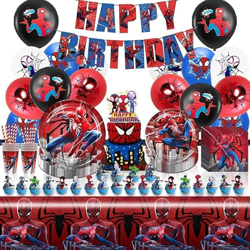 Vajilla de Fiesta Spider 103 Pcs, Decoración Cumpleaños Niños, Globos, Platos, Tazas, Servilletas, Manteles para 10 Invitados