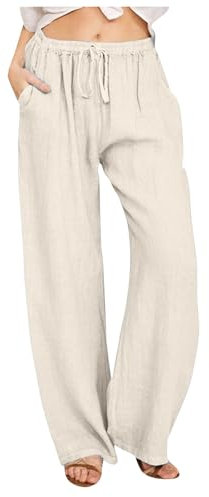 Chnnamzu Pantalon Lin Femme Été Fluide avec Cordon De Serrage - Taille Elastique Léger Confortable de Plage Couleur Unie Casual Yoga Jambes Larges Ample Coton et Lin