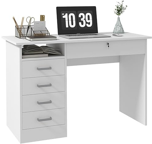 HOMCOM Scrivania Moderna con 5 Cassetti per Ufficio 110x50x76cm Bianco