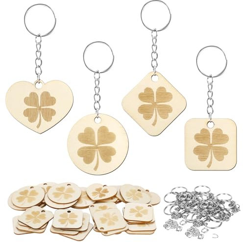 MONCAP Lot de 40 Porte-Clés Trèfle à Quatre Feuilles en Bois Porte-Clés Bonheur avec Trèfle Bricolage Pendentif Trèfle Porte-Clés pour DIY Peindre Clés et Pendre Sac Cadeau Porte-Clés pour Animaux