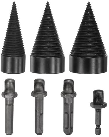 M METERXITY 3-Pack Wood Splitter Drill Bit 32mm + 45mm + 50mm + 4 Handles (Square + Round + Hex Shank + Small Hex) Firewood Log Splitter Drill Bit for Family/Outdoor/Stove/Farm [Black+Grey]