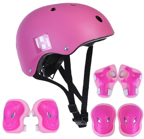 Habib Gruppe Casco da bicicletta regolabile e set di 6 protezioni – ventilato, ginocchia, gomiti, polsi, 8 – 13 anni, ragazze e ragazzi, bicicletta, scooter, arrampicata, skateboard
