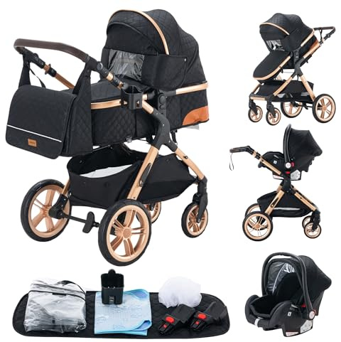 GLOKID Kinderwagen 3 in 1,Reisesysteme, Babywanne Buggy,Voll-Gummireifen,Mit Einem Klick Zusammenklappbarer, Rain cover Mosquito net, Mummy Bag、Schwarz