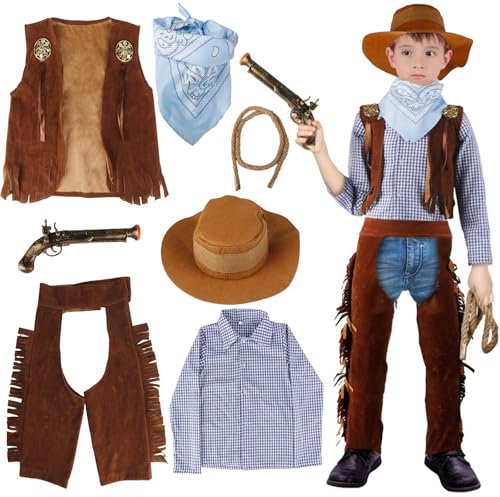 Déguisement Cowboy Enfant, 7 Pièces Western Cowboy Costume Accessoires Enfants avec Cowboy Chapeau Vest Chemise Pantalon Bandana Jouet Pistolets pour Carnival Halloween Party Cosplay Dress Up
