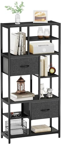 YITAHOME Bücherregal mit Schubladen, 7-stöckiges Standregal mit Stahlrahmen, Bodenstehendes Lagerregal, Industrieregal Aufbewahrungsregal, für Wohnzimmer, Büro, Flur, Küche, Schwarz Regal
