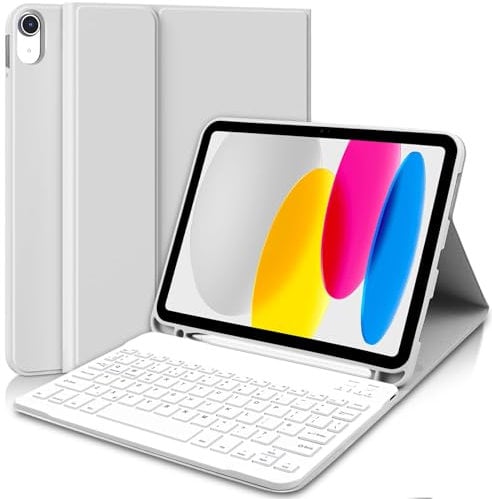 AGARELE Keyboard Case for iPad A16 11th Gen Generation 2025 11 inch/10th Generation 2022 10.9 inch, Wireless Bluetooth Detachable Keyboard for ipad with Pencil Holder, UK Layout (White Grey)
