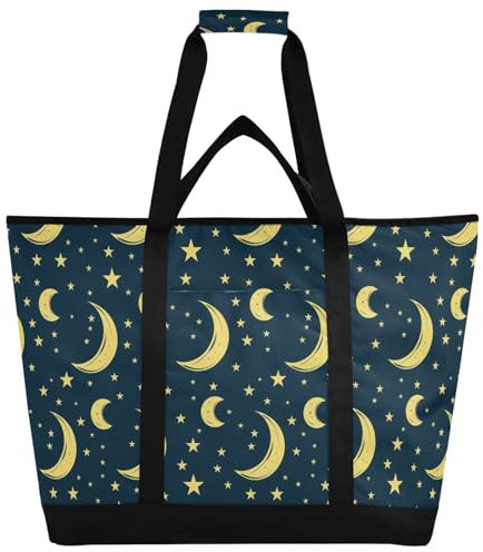 Navy Moon mit Sternen Druck Isolierte Kühltasche Wiederverwendbare Einkaufstaschen mit Reißverschluss Tragbare Große Kühltasche für Reisen oder Camping