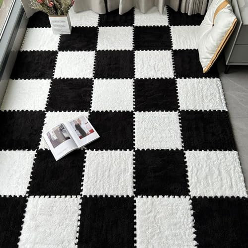16 Stück ineinander greifende Plüsch-Bodenfliesen, Teppichquadrate, 12 x 12 Zoll große, flauschige Puzzleteil-Bodenmatte, Puzzlematte für das Wohnzimmer (Größe: 0,23 Zoll, Farbe: Schwarz + Weiß)