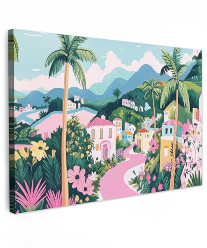 MuchoWow© Impressions sur Toile 120x80 cm Deco Tableau Murale Decoration Salon Peinture Tableaux Chambre Toiles Maison Coloré - Maisons - Collines - Rose