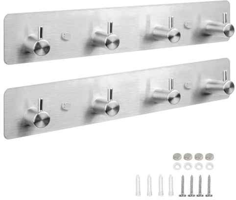 Srvillg Coat Hooks Wall Mounted, 2 Pack Self Adhesive 4 Hooks Rack, Heavy Duty Hook Clothes Rack, Door Hooks Screw in for Bathroom Bedrooms