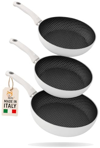 AKITAInk - Set 3 Padelle Antiaderenti Nido d’Ape 20-24-28 cm | Fondo Induzione | Manico Atermico Soft Touch | PFOA Free | Universali Gas e Induzione - Made in Italy