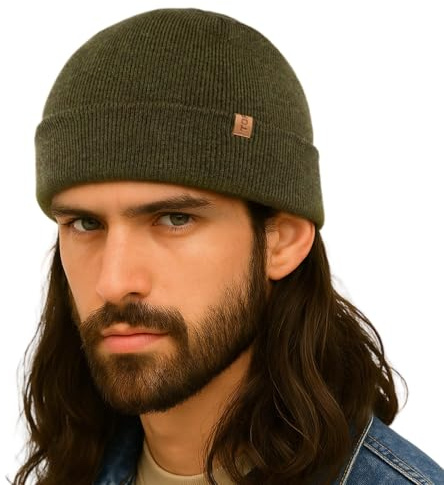 TOP-EX Gorro de pescador de 80% lana merina Trawler Unisex Gorro corto de punto para hombre y mujer de lana para invierno, Verde militar., M-L
