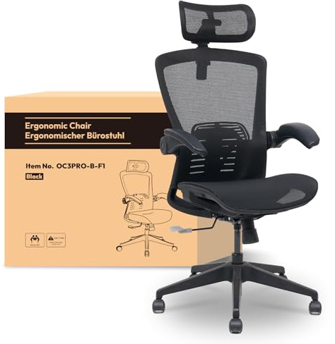 FLEXISPOT OC3 PRO Ergonomischer Bürostuhl mit 3D-Kopfstütze, höhenverstellbarer Rückenlehne, hochklappbaren PU-Armlehnen, Atmungsaktivem Mesh-Sitz, bis 180 kg belastbar (Schwarz)