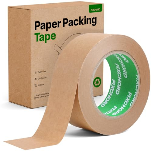FIXCHORD Kraft Paper Packing Tape 48mm x 50m | Eco Friendly & Recyclable Strong Brown Paper Tape | Writable & Waterproof | Paper Packaging Tape for Packing Parcels and Boxes, Moving House | 1 Roll
