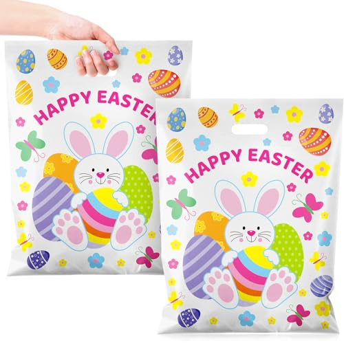 Roowest 12 Pcs Extra Large Easter Plastic Gift Bags with Handles 15.7 x 19.7 Inch Happy Bunny Egg Goodie Treat Candy Bags Bulk for Easter Spring Activity Party Favors Supplies