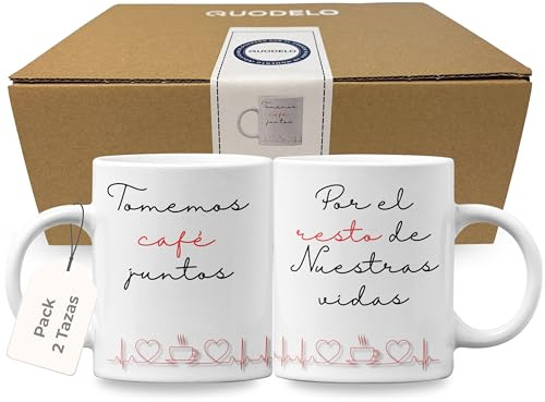 Quodelo Tazas para Parejas con Diseño Hilo Rojo del Destino, Cerámica AAA 350 ml en Caja Premium, Regalo Original de San Valentín y Aniversario para Enamorados