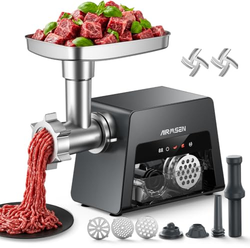 AIRMSEN Fleischwolf Elektrisch 3-in-1, Aluminium-Gussgehäuse, Wurstfüller & Kibbemacher, 2500W Max-Leistung, 3 Geschwindigkeiten, Leiser Motor für Haushalt & Hobby-Koch