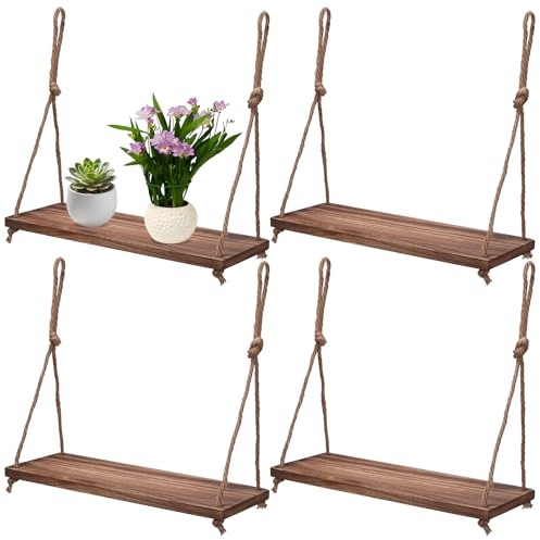 INTERWARM 4 Stück Rustikales Wandregal Im Maritimen Stil Hängende Regale Aus 40x15x35cm Seil Für Wohnzimmer Schlafzimmer Badezimmer Und Küche Mit 8 Stück Schraubhaken Aus (Sattelbraun)