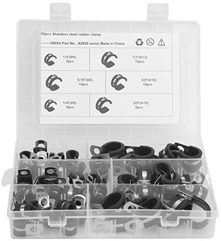 52pcs Pipe Clamp Assortment Kit Rubber Cushion Clips 5 Sizes 1 / 4in to 5 / 8in - Durable Stainless Steel, Multipurpose Use