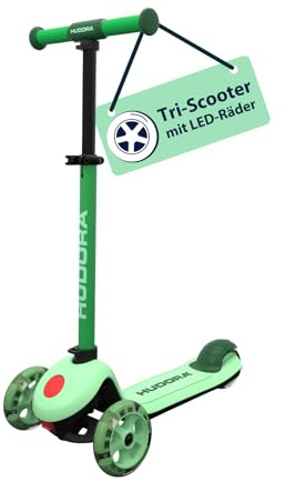 HUDORA Tri‑Scooter mit LED‑Rädern – 3‑Rad Scooter mit höhenverstellbarem Lenker – breitem Hinterrad, ABEC‑7 Kugellager, rutschfestem Deck & Hinterradbremse – Outdoor Tretroller für Kinder